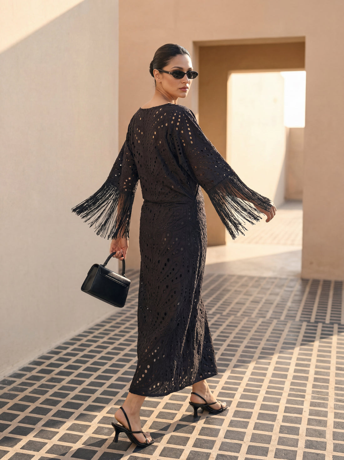 Noir Fringe Eyelet Dress