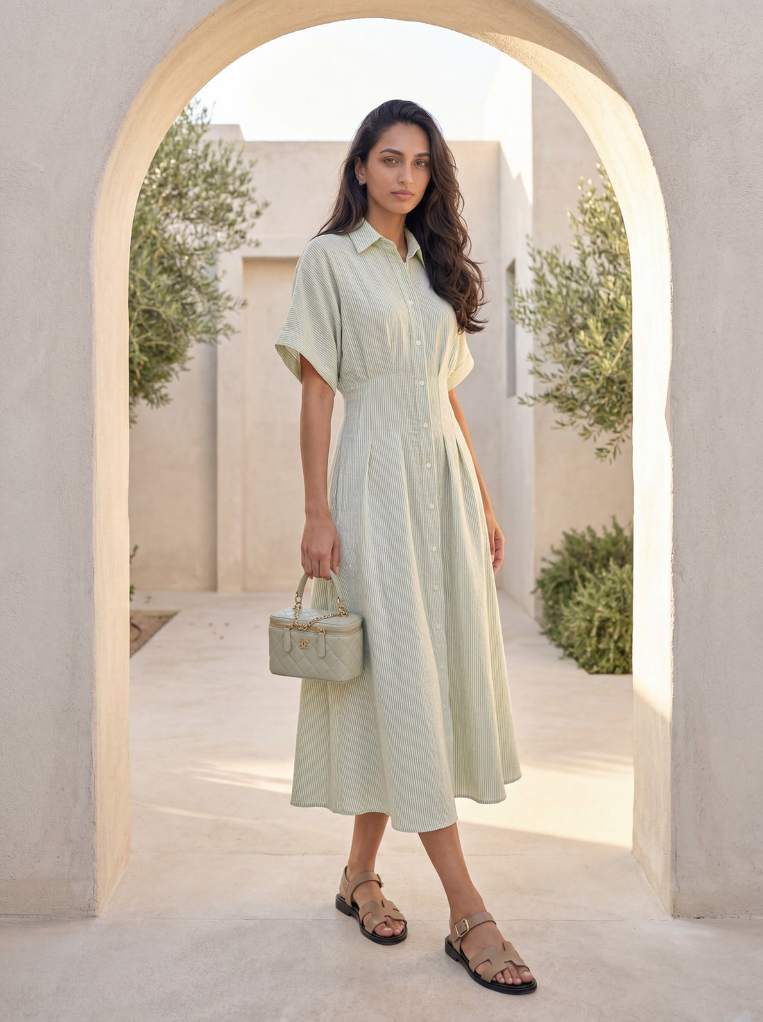 Pleated midi shirt dress