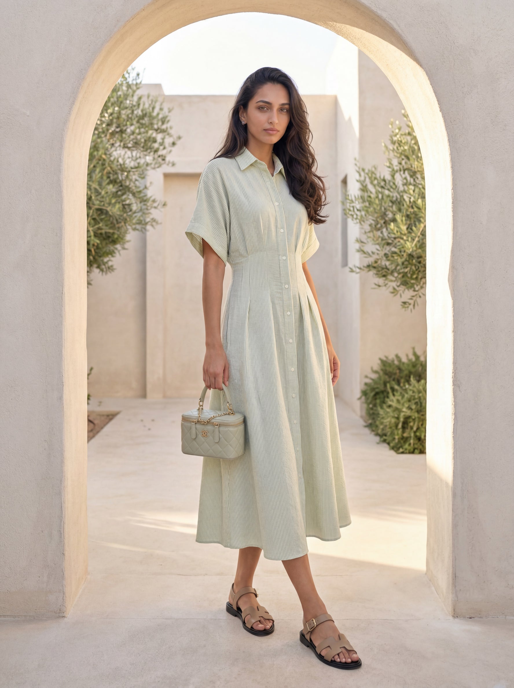 Pleated midi shirt dress
