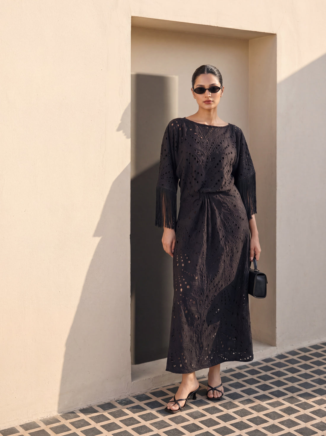 Noir Fringe Eyelet Dress