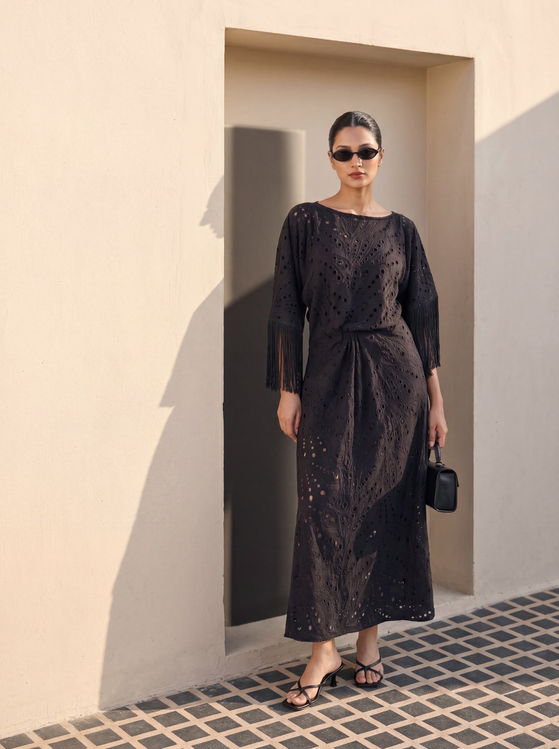 Noir Fringe Eyelet Dress