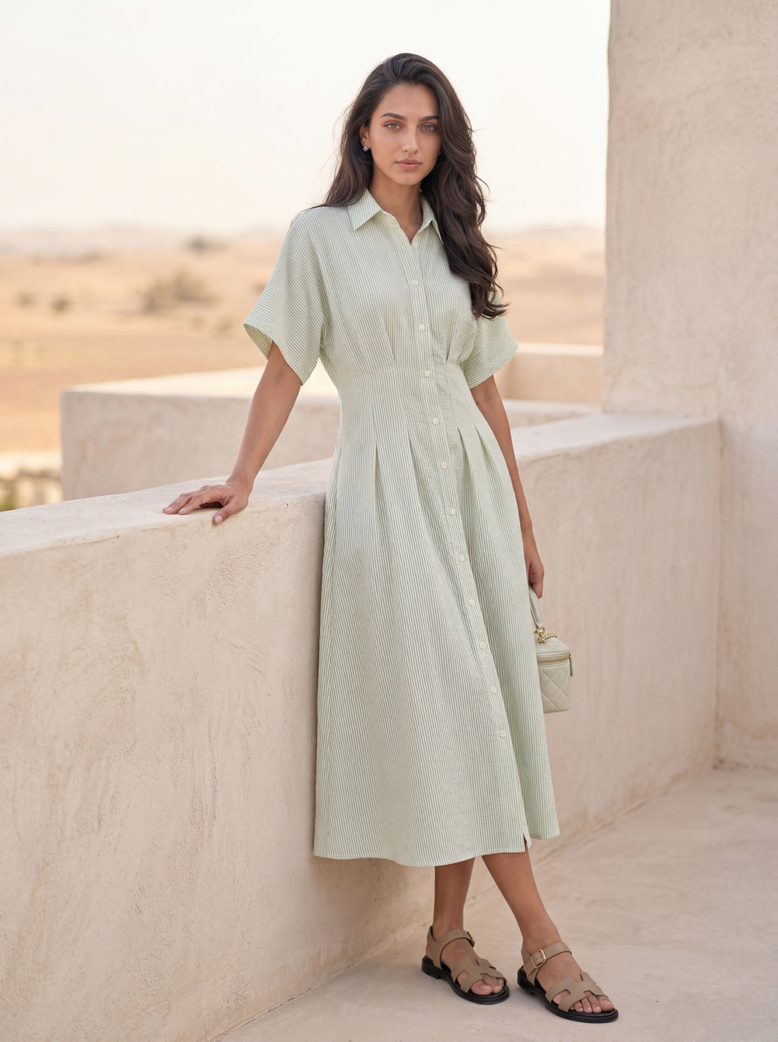 Pleated midi shirt dress