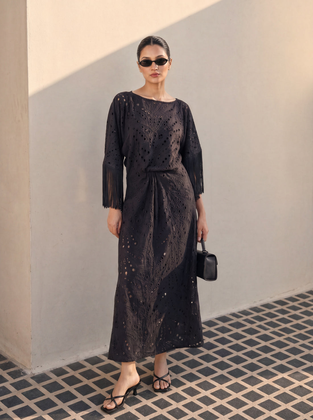 Noir Fringe Eyelet Dress