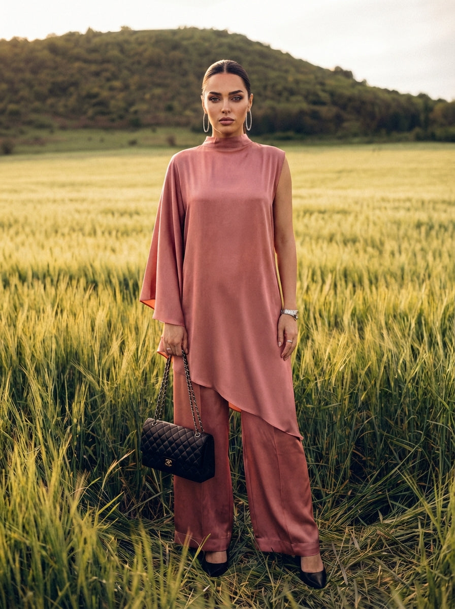Asymmetric Mulberry Silk Tunic with Pants