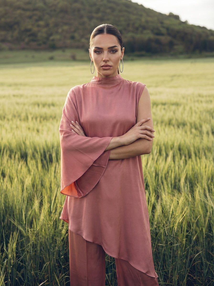 Asymmetric Mulberry Silk Tunic with Pants