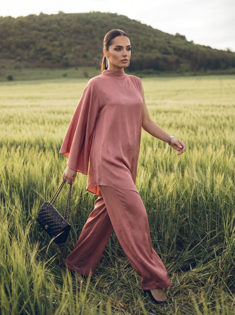 Asymmetric Mulberry Silk Tunic with Pants
