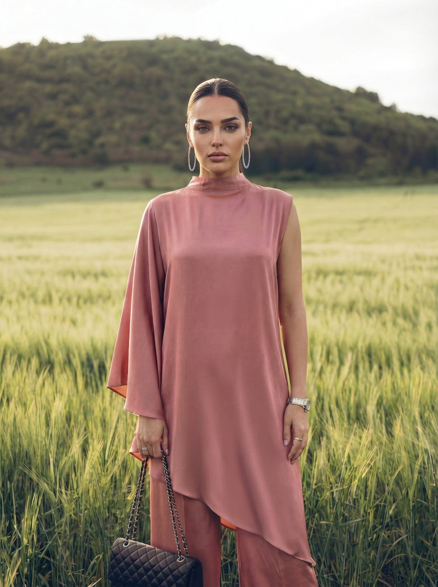Asymmetric Mulberry Silk Tunic with Pants