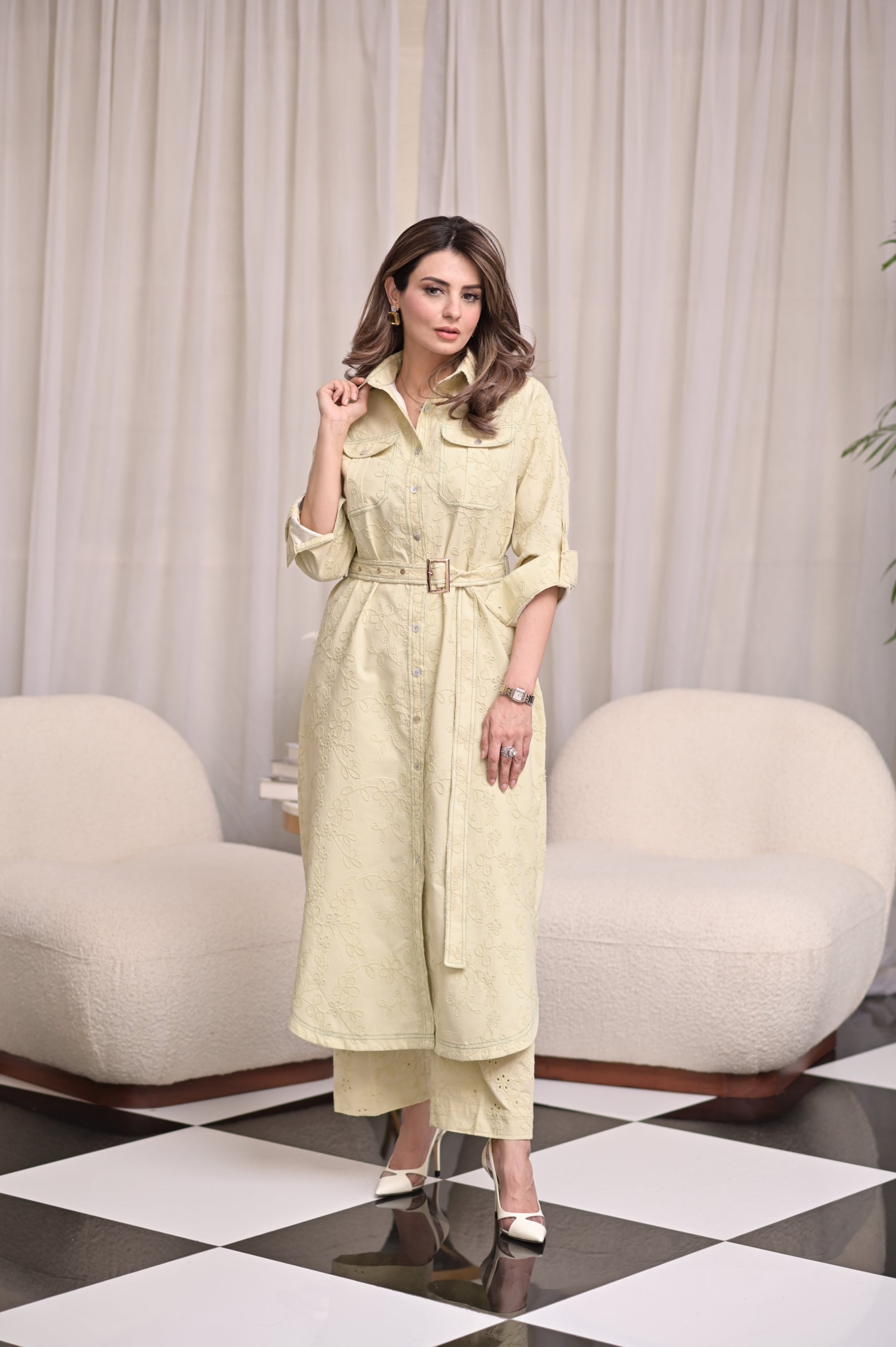 Lemon Embroidered Belted Shirt Dress