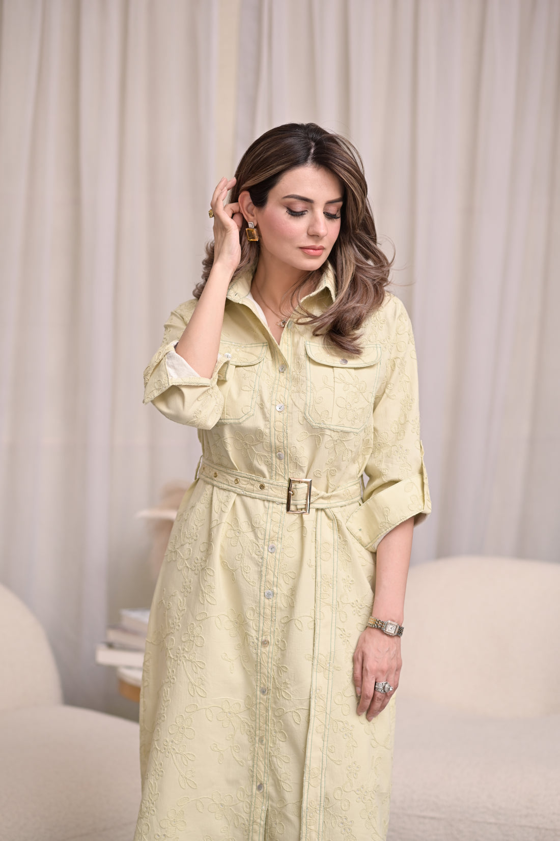 Lemon Embroidered Belted Shirt Dress
